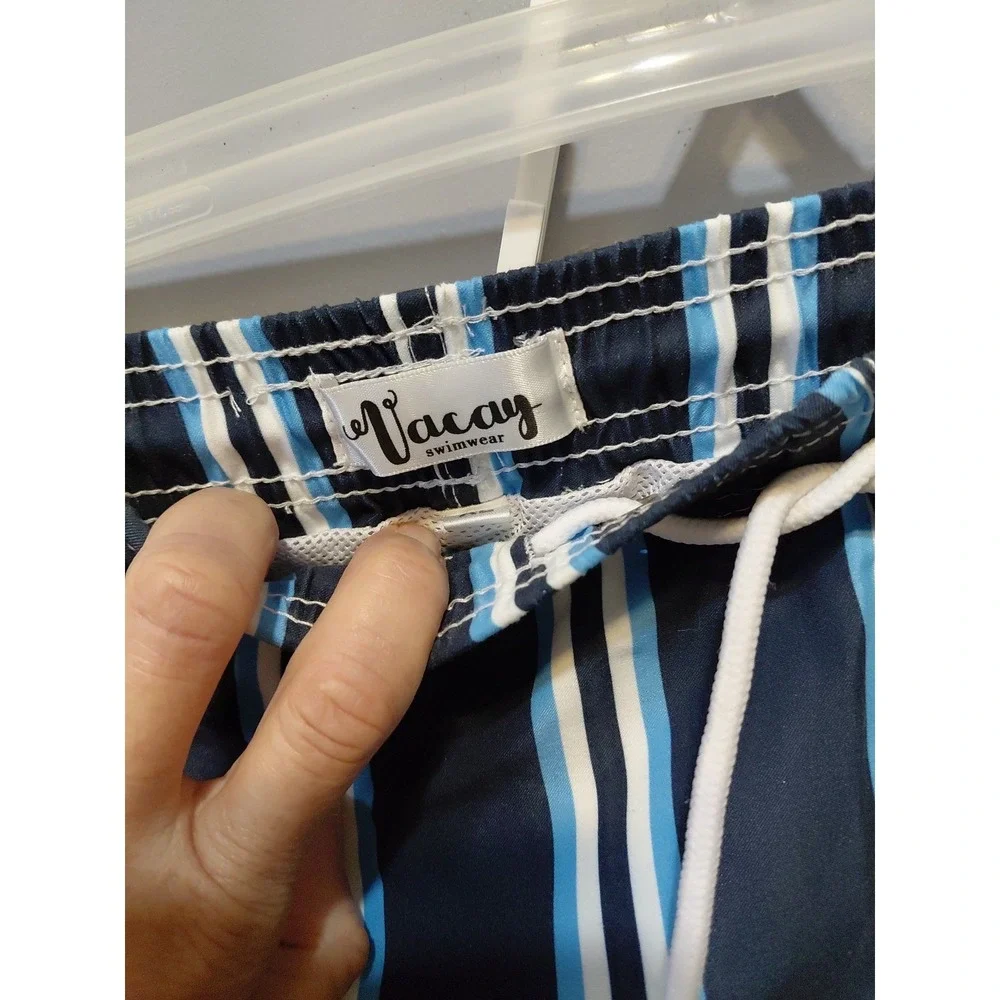 Vacay Swim Trunks Mens XL Blue Striped Shorts Elastic/Drawstring Pockets Surfer